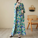 Green Red Cotton Linen Print Batwing Sleeve Retro Boho Dress InsStreet